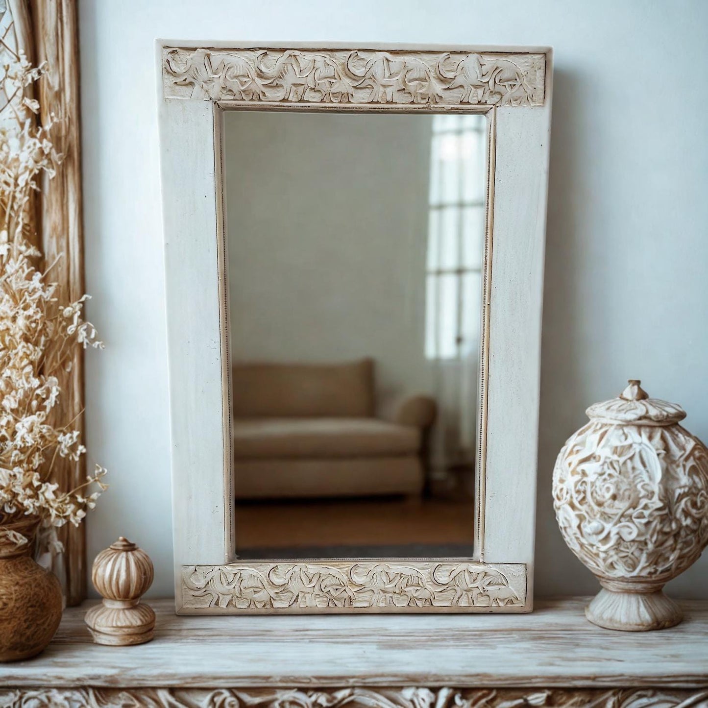 Hand Carved Elephants Mirror Mango wood Distressed White painted 90x60cm
