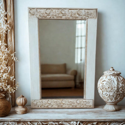 Hand Carved Elephants Mirror Mango wood Distressed White painted 90x60cm