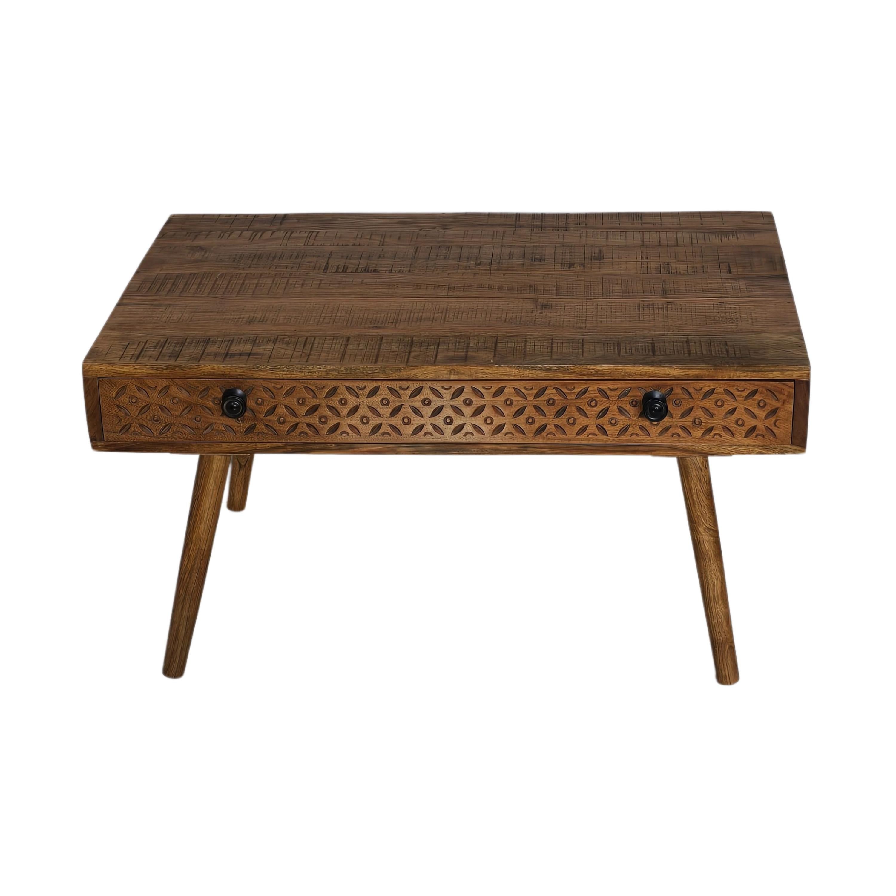Acacia wood Coffee Table with Hand carved drawer 90x60cm