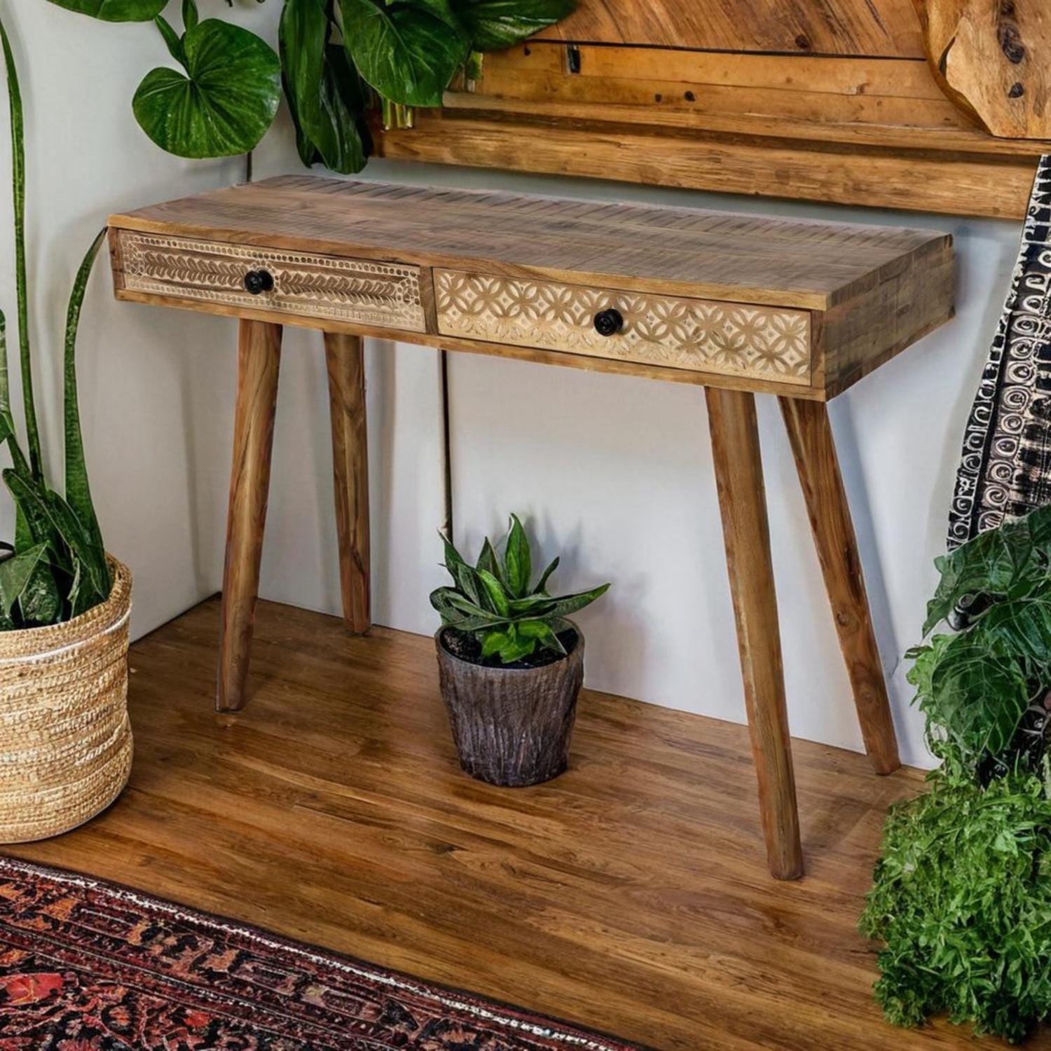 Acacia wood Console table, Computer desk with hand carved drawers