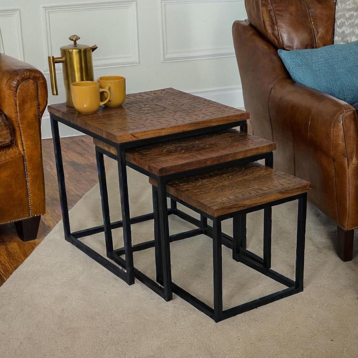 Acacia wood Square set 3 Nesting tables Hand Carved