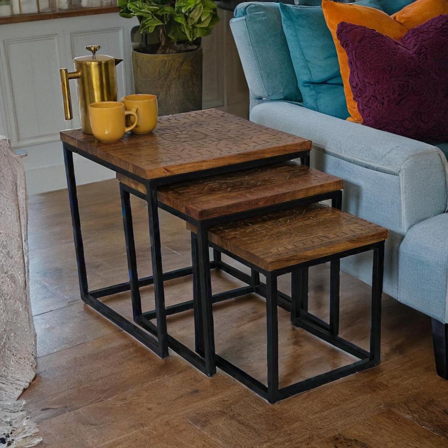Acacia wood Square set 3 Nesting tables Hand Carved