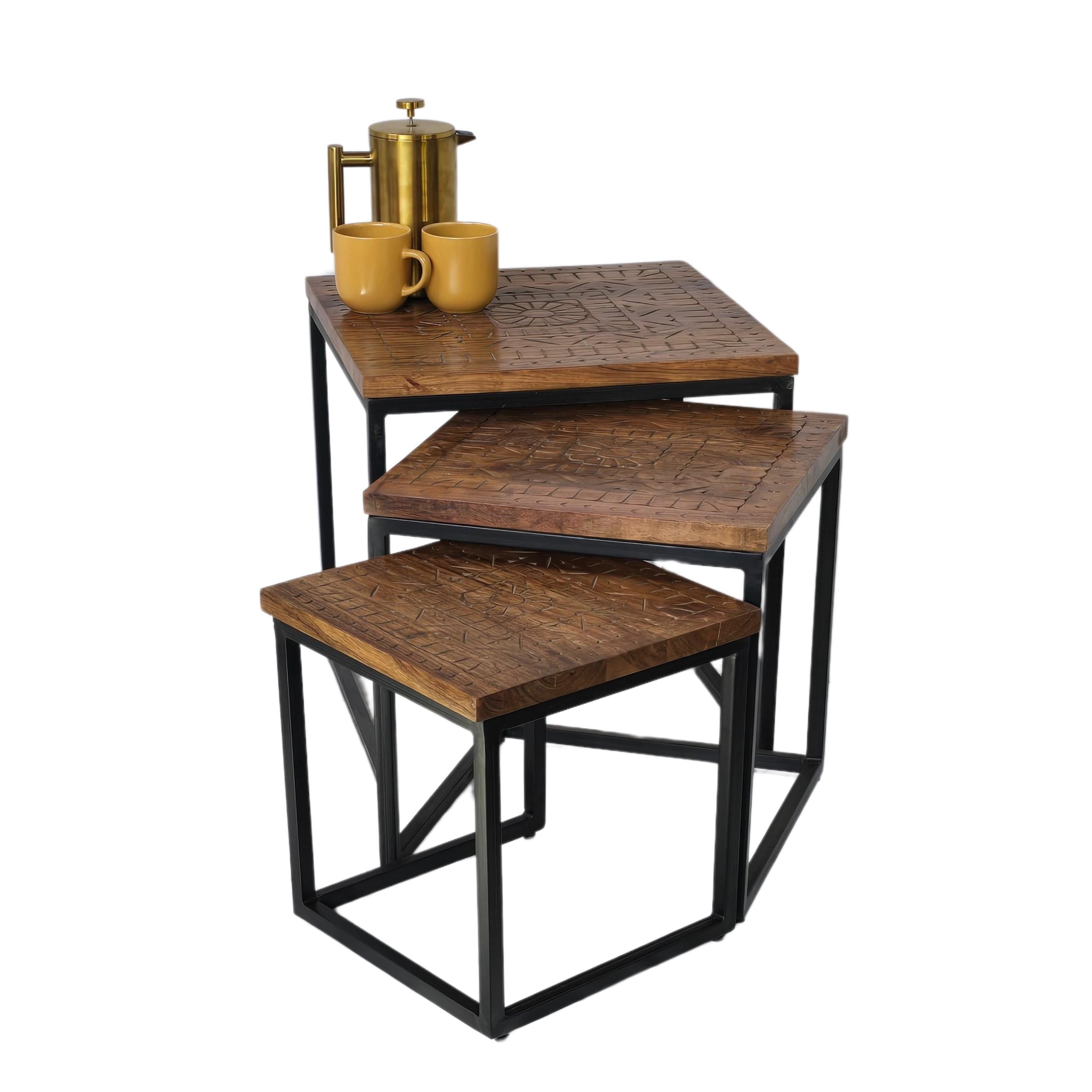Acacia wood Square set 3 Nesting tables Hand Carved