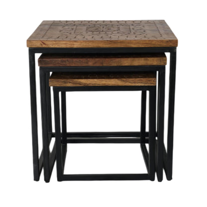 Acacia wood Square set 3 Nesting tables Hand Carved