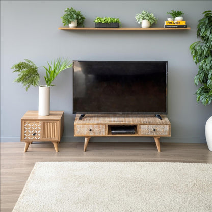 Destressed Mangowood TV Unit with Carved Drawers
