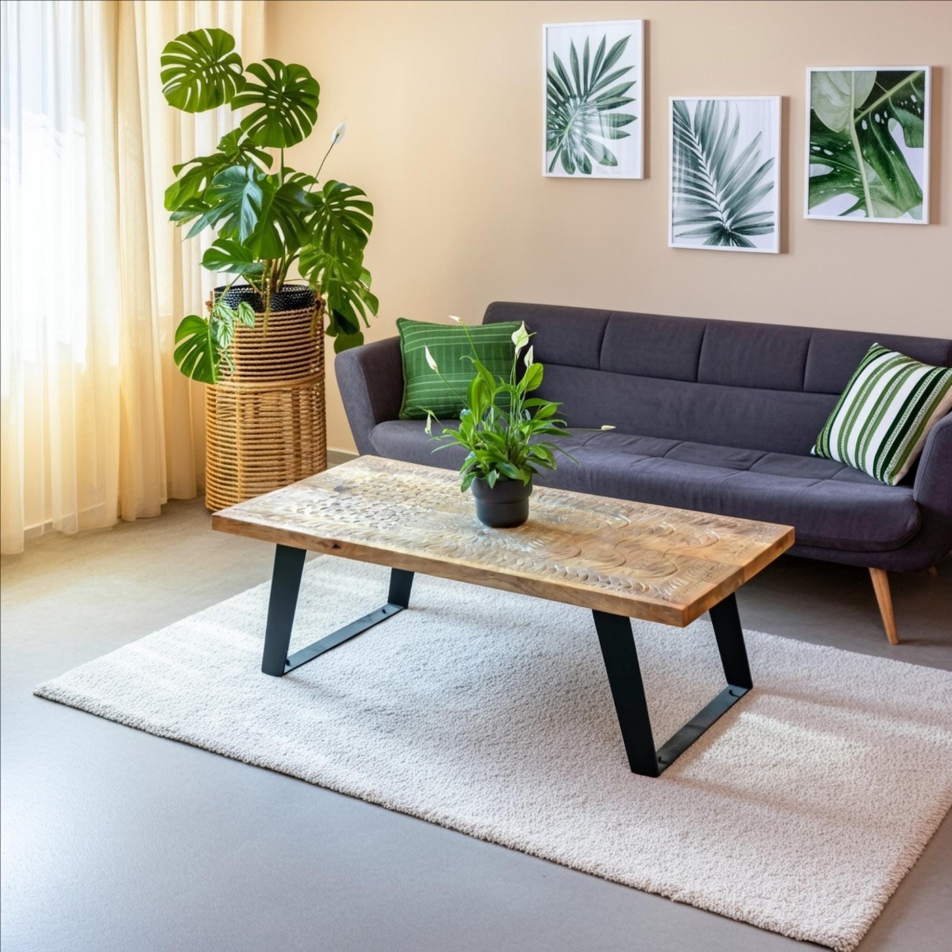 Mangowood Coffee Table with Carved Geometric Pattern and Iron Bracket Legs by Naturallivingonline