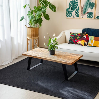 Mangowood Coffee Table with Carved Geometric Pattern and Iron Bracket Legs by Naturallivingonline