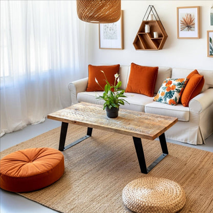 Mangowood Coffee Table with Carved Geometric Pattern and Iron Bracket Legs by Naturallivingonline