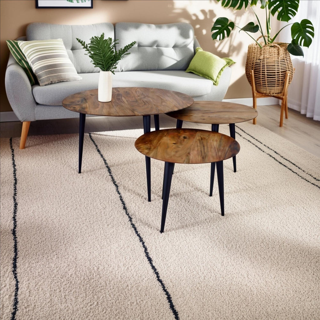 Retro Hardwood Set 3 Nesting Round Tables with Iron Legs