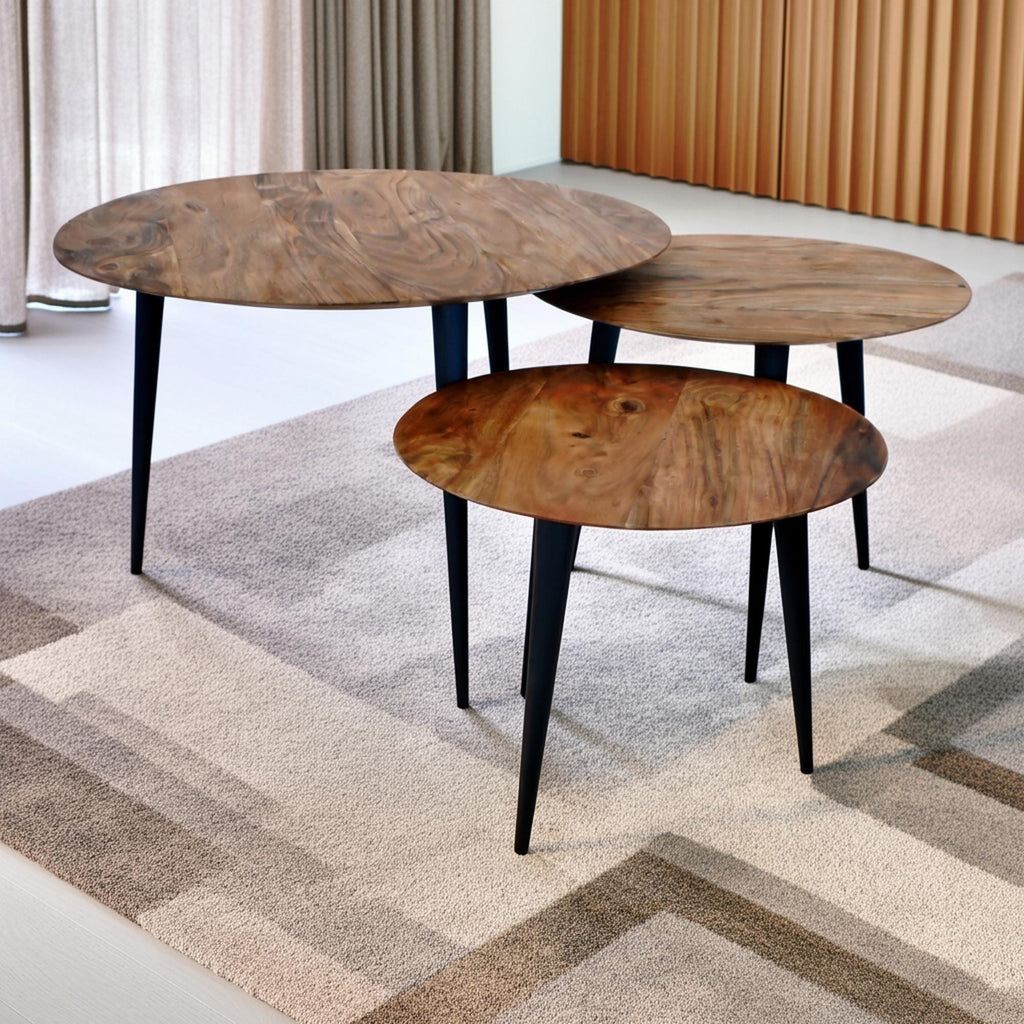 Retro Hardwood Set 3 Nesting Round Tables with Iron Legs
