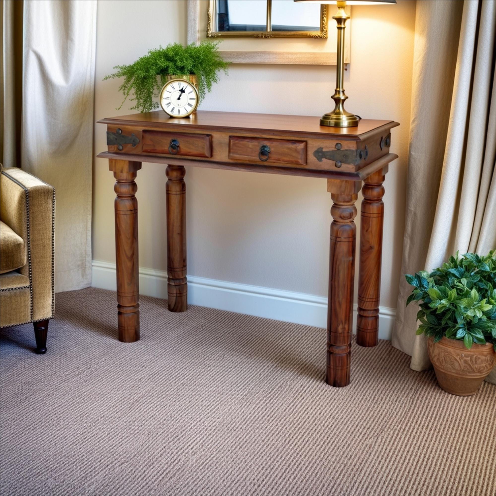 Acacia Wood Computer Desk: Thakat Console Table with Storage