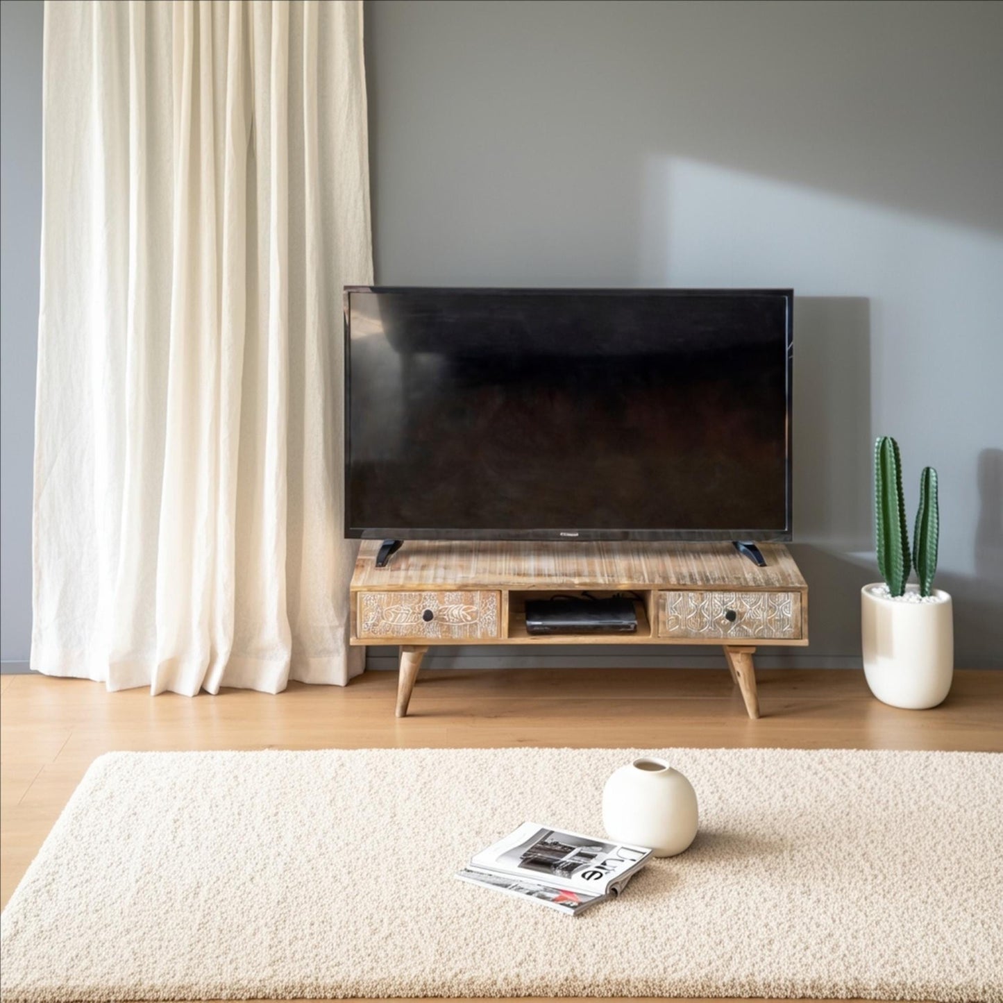Destressed Mangowood TV Unit with Carved Drawers