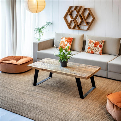 Mangowood Coffee Table with Carved Geometric Pattern and Iron Bracket Legs by Naturallivingonline