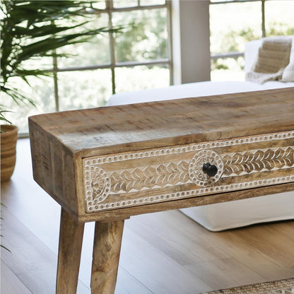 Destressed Mangowood Computer Desk with Carved Drawers