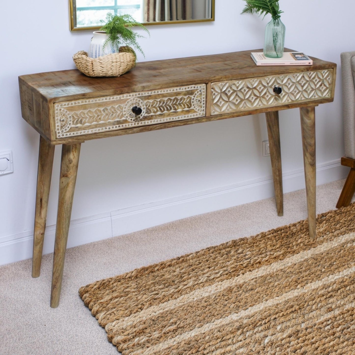 Destressed Mangowood Computer Desk with Carved Drawers