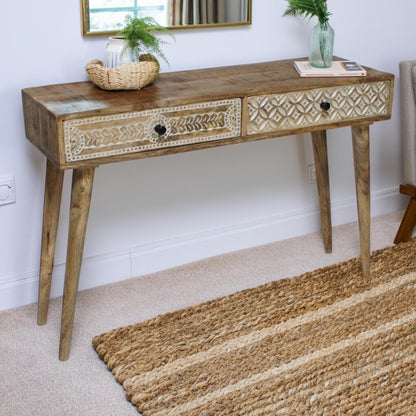 Destressed Mangowood Computer Desk with Carved Drawers