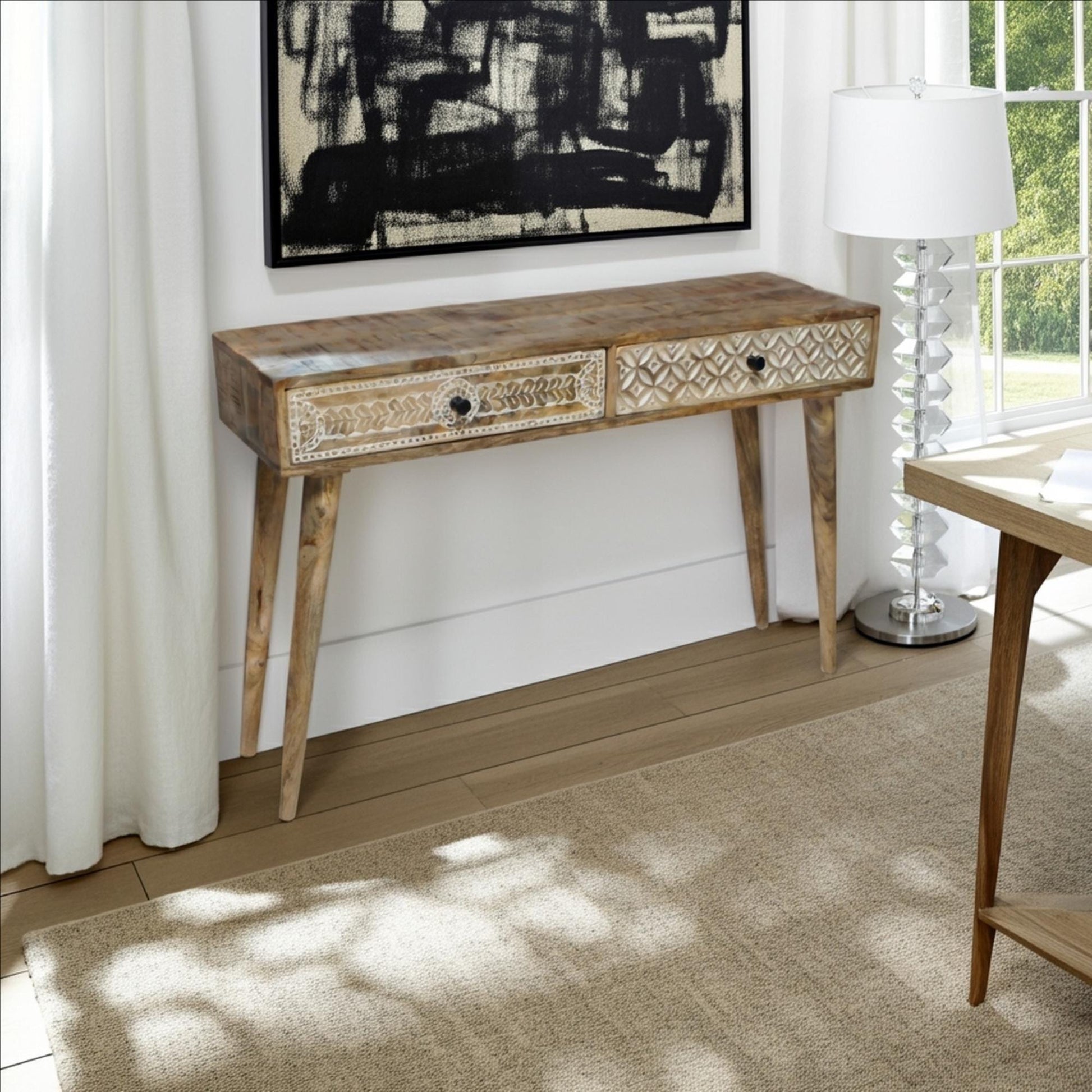 Destressed Mangowood Computer Desk with Carved Drawers