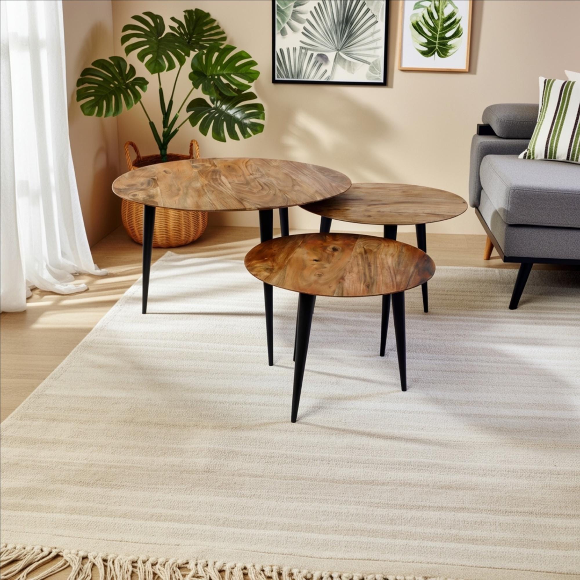 Retro Hardwood Set 3 Nesting Round Tables with Iron Legs