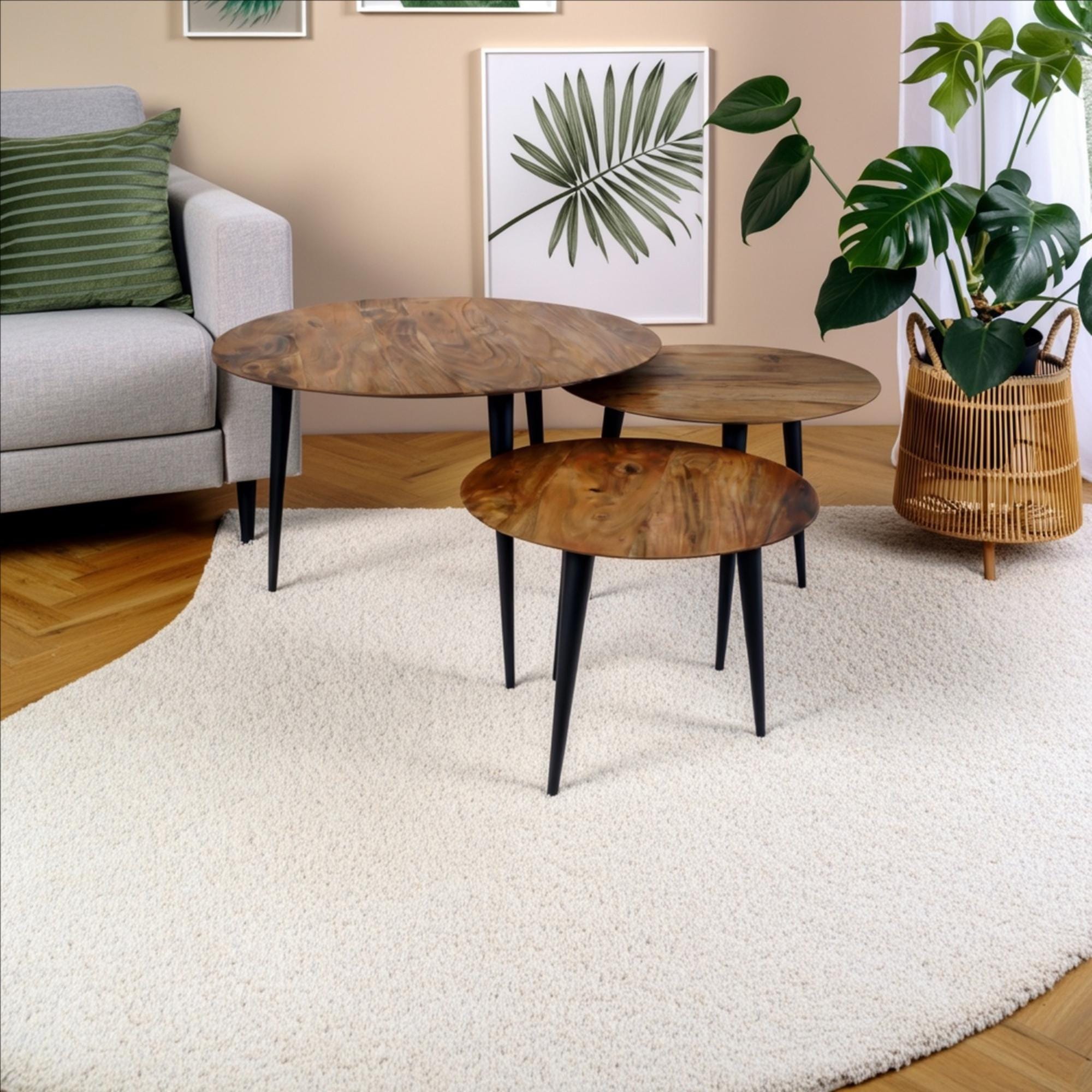 Retro Hardwood Set 3 Nesting Round Tables with Iron Legs