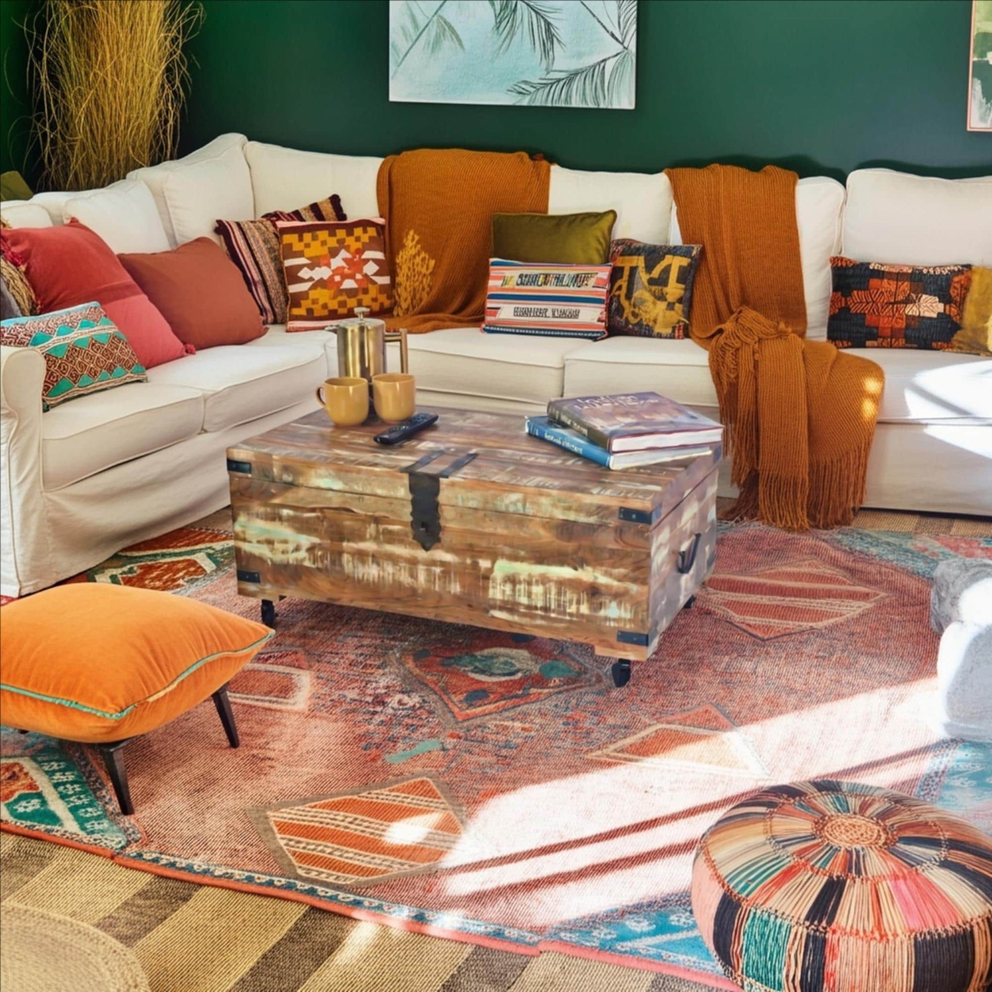 Recycled Painted teak Coffee table Trunk on Wheels