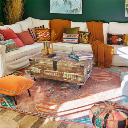 Recycled Painted teak Coffee table Trunk on Wheels