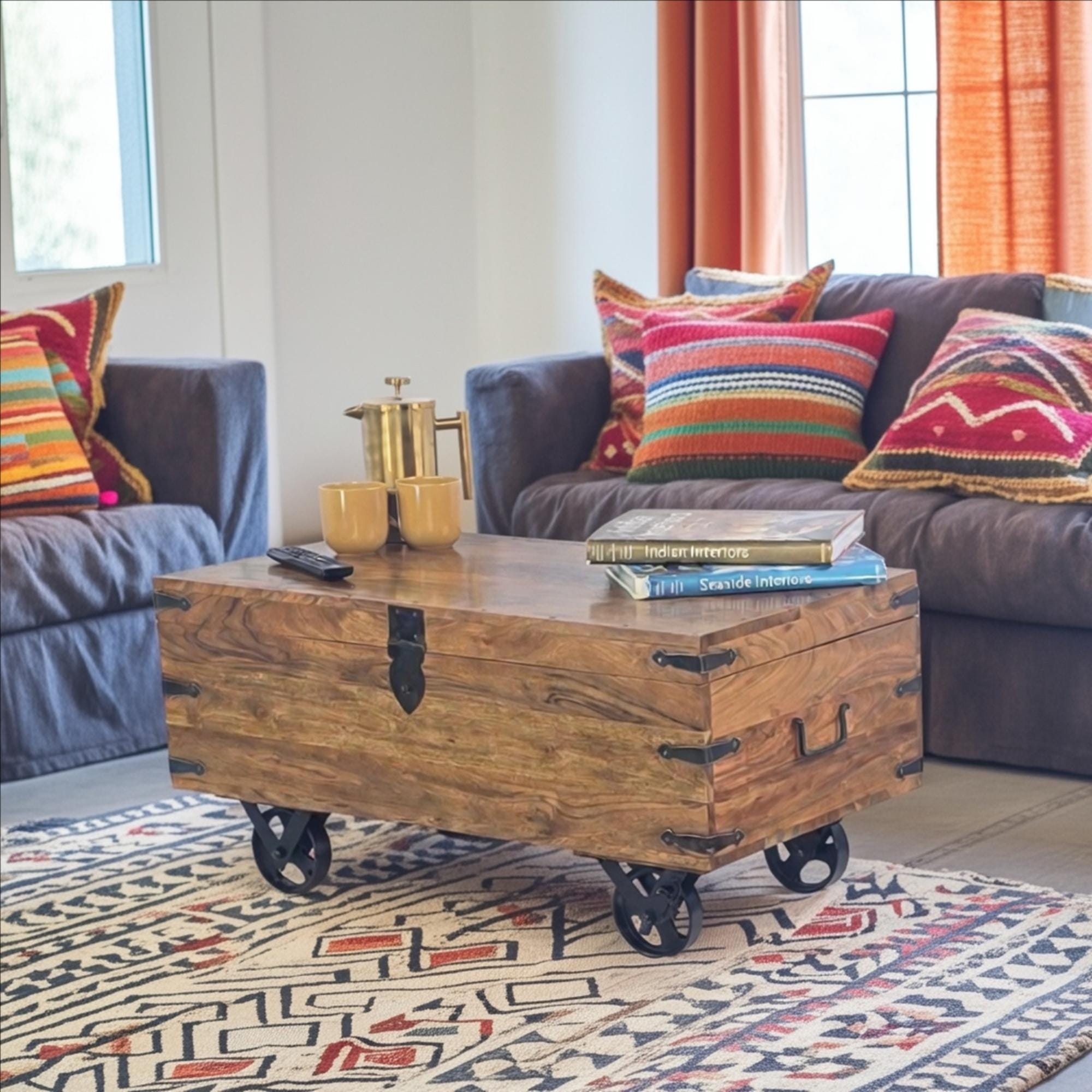 Acacia Wood Trunk Coffee Table on Wheels: Rustic Storage Blanket Box
