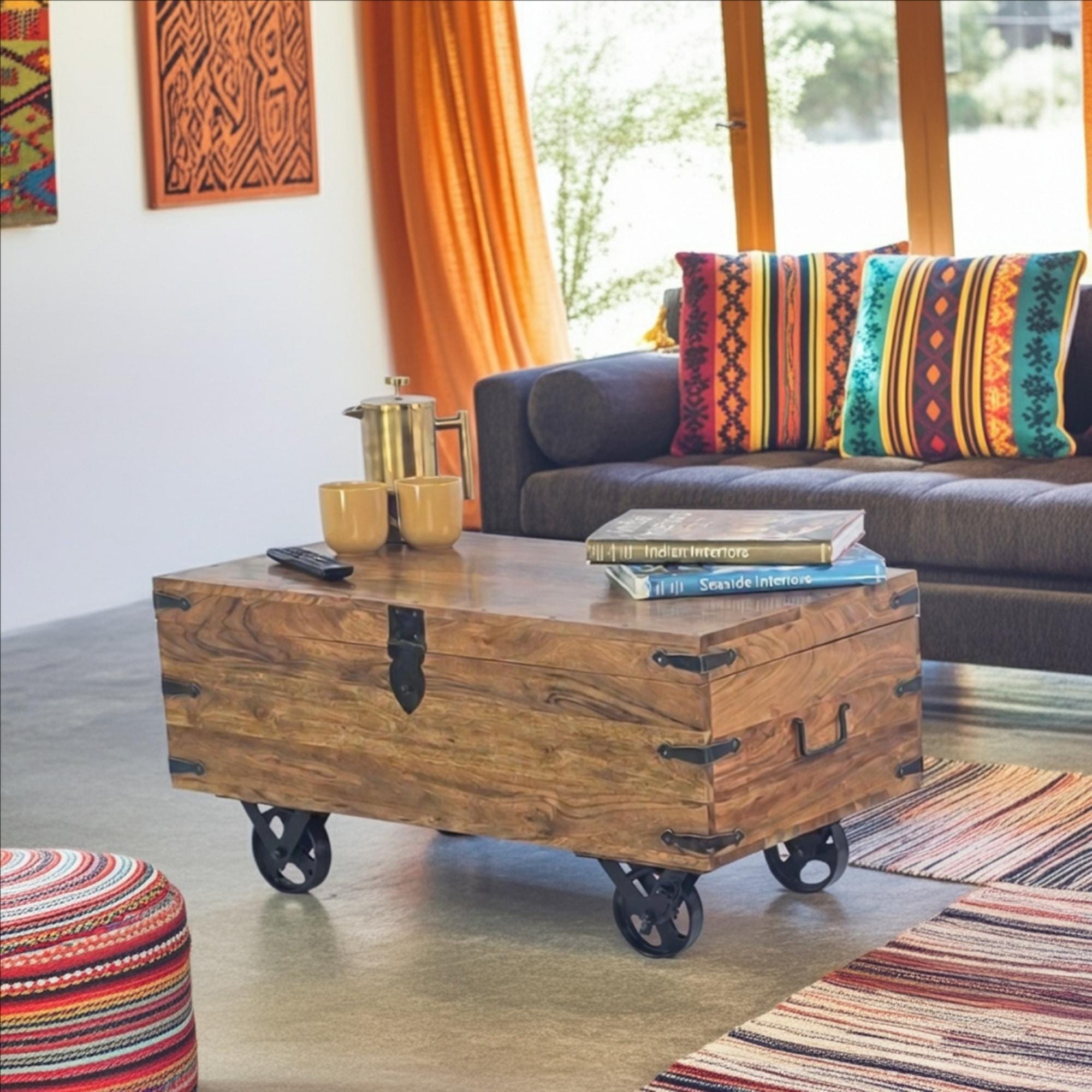 Acacia Wood Trunk Coffee Table on Wheels: Rustic Storage Blanket Box