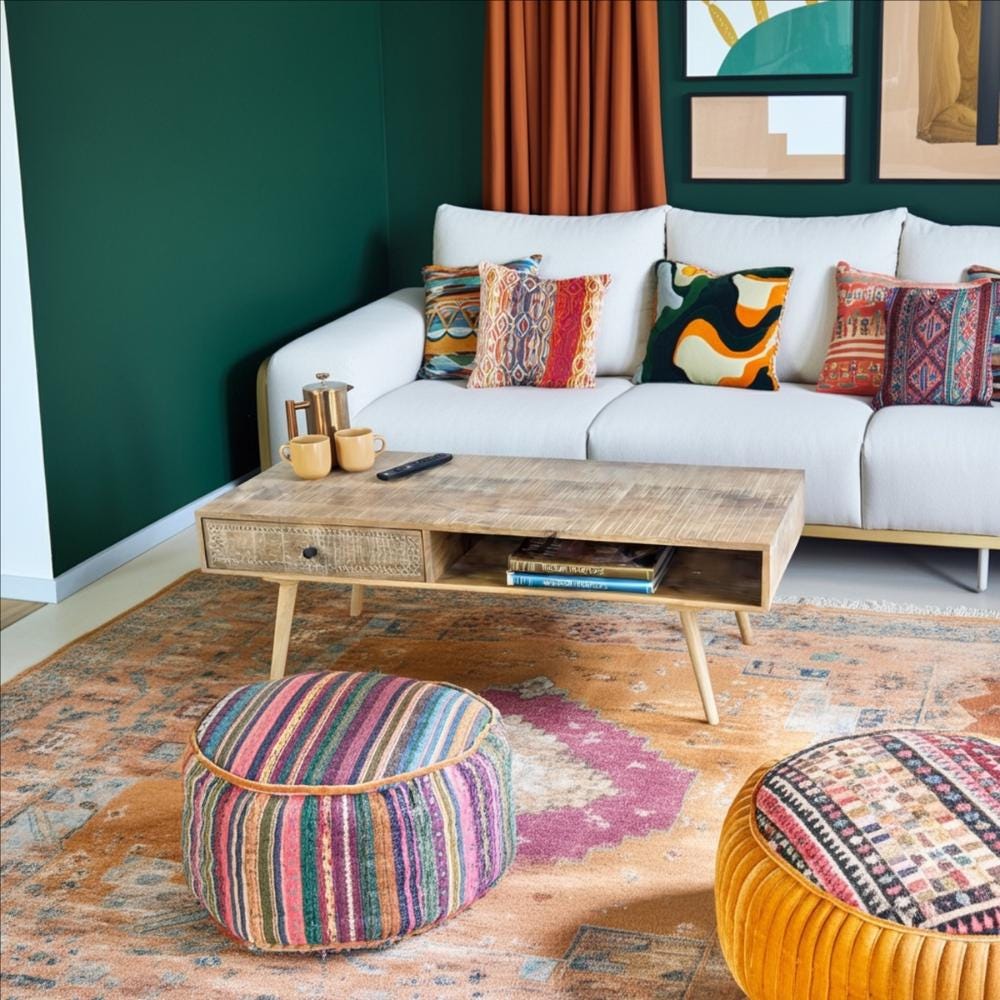 Distressed MangoWood Coffee table with Carved Drawer