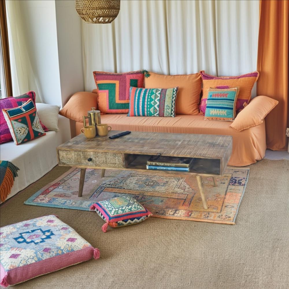 Distressed MangoWood Coffee table with Carved Drawer