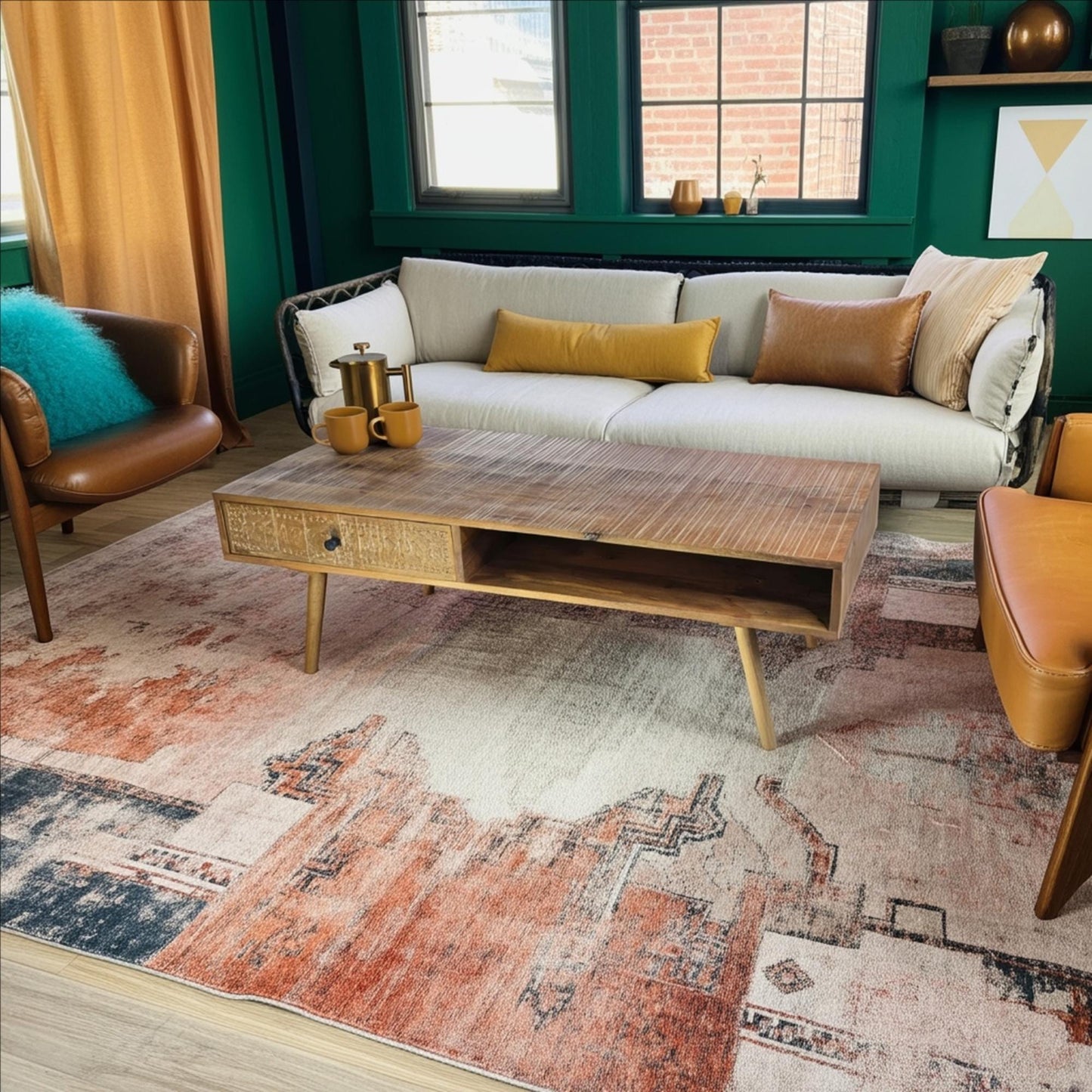 Distressed MangoWood Coffee table with Carved Drawer