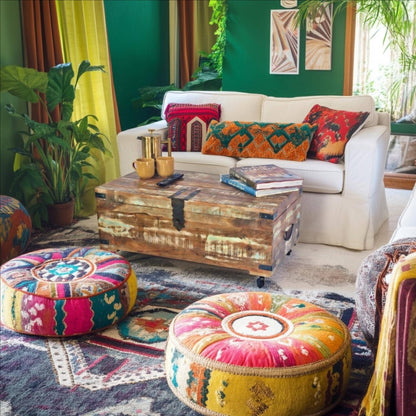 Recycled Painted teak Coffee table Trunk on Wheels