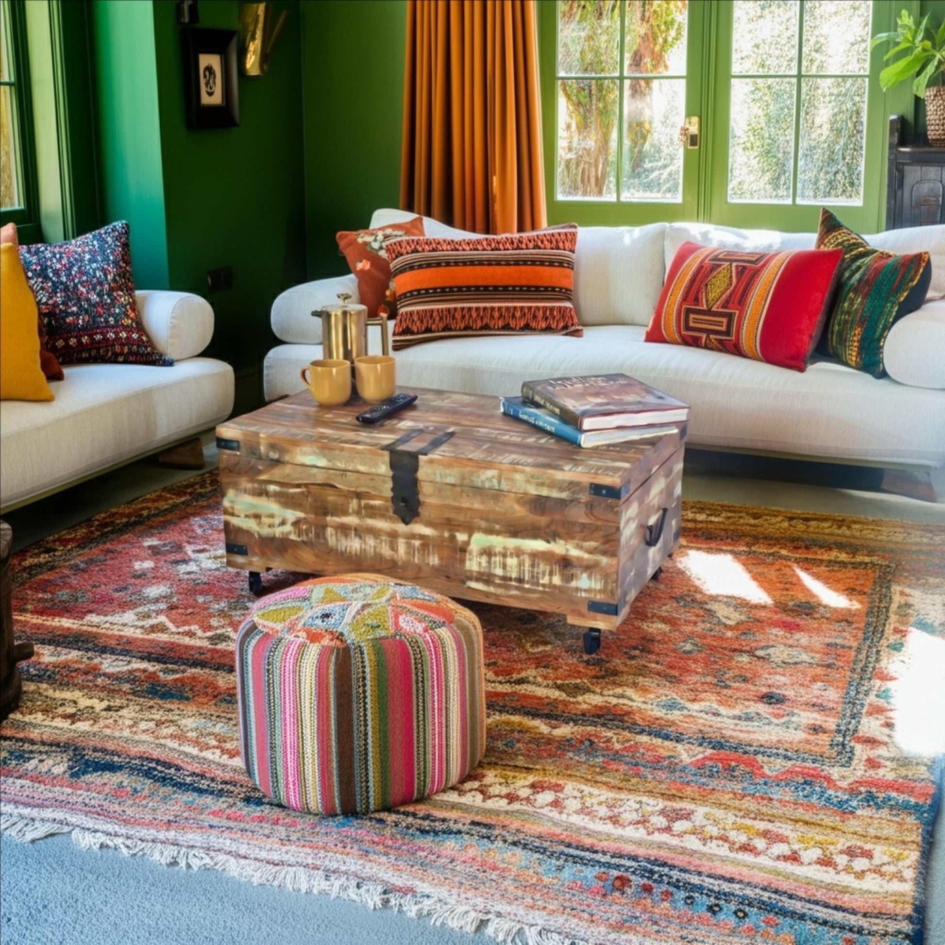Recycled Painted teak Coffee table Trunk on Wheels