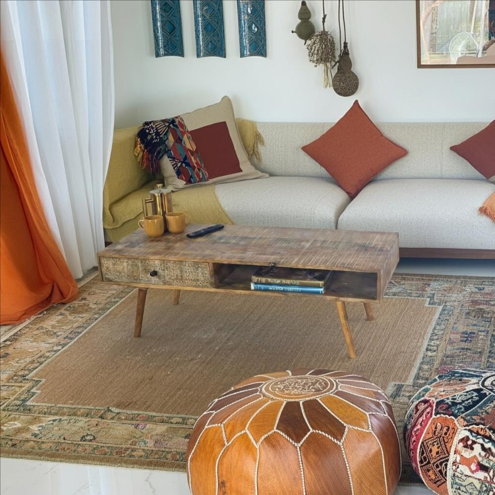 Distressed MangoWood Coffee table with Carved Drawer