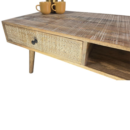 Distressed MangoWood Coffee table with Carved Drawer