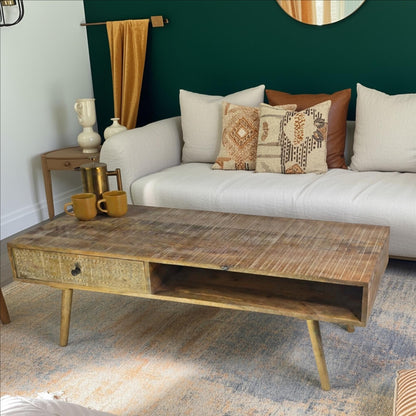 Distressed MangoWood Coffee table with Carved Drawer