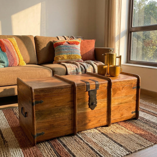 Marina Chest Coffee Table Trunk Acacia Wood Storage - Large Rustic Blanket Box - Handcrafted Solid Wood Industrial Furniture