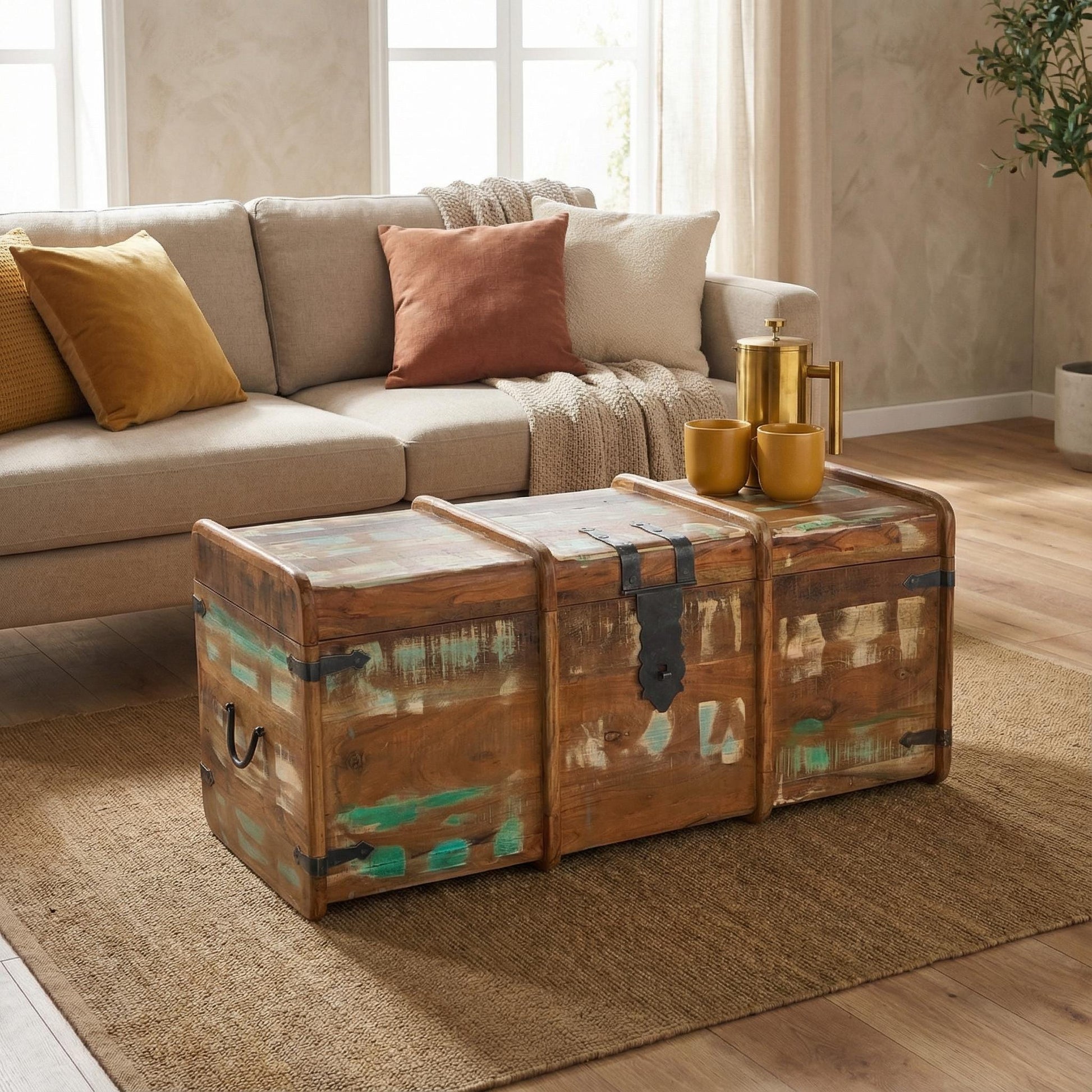 Recycled Distressed Old Painted Teak Trunk