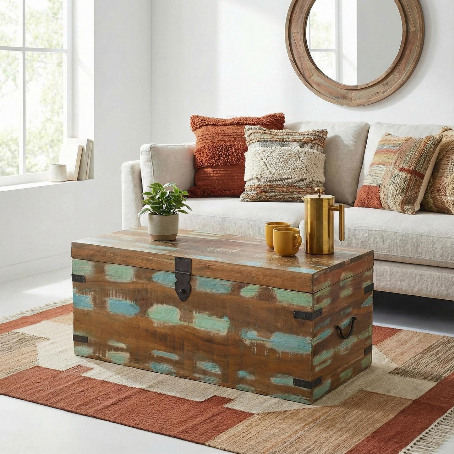 Recycled Teak Distressed paint Coffee Table Chest Trunk with storage