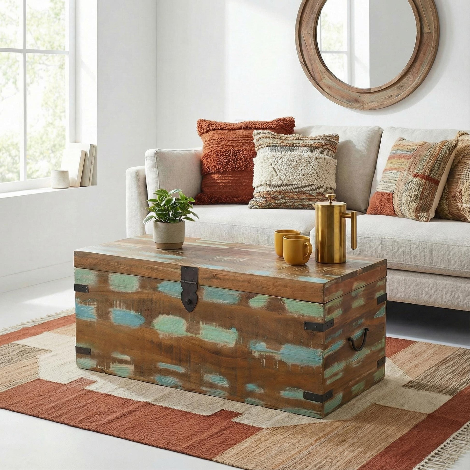 Recycled Teak Distressed paint Coffee Table Chest Trunk with storage