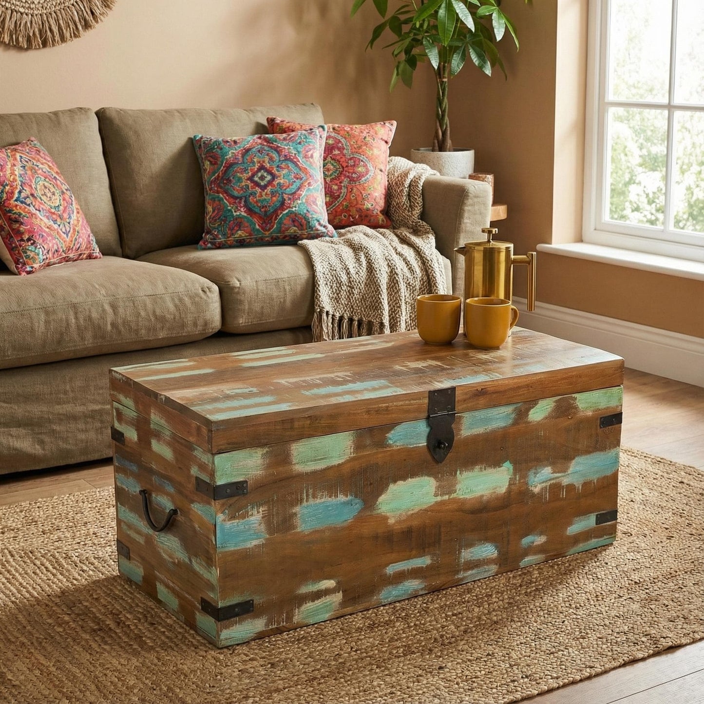 Recycled Teak Distressed paint Coffee Table Chest Trunk with storage