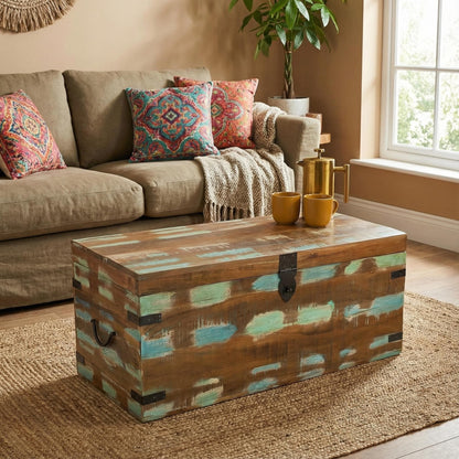 Recycled Teak Distressed paint Coffee Table Chest Trunk with storage