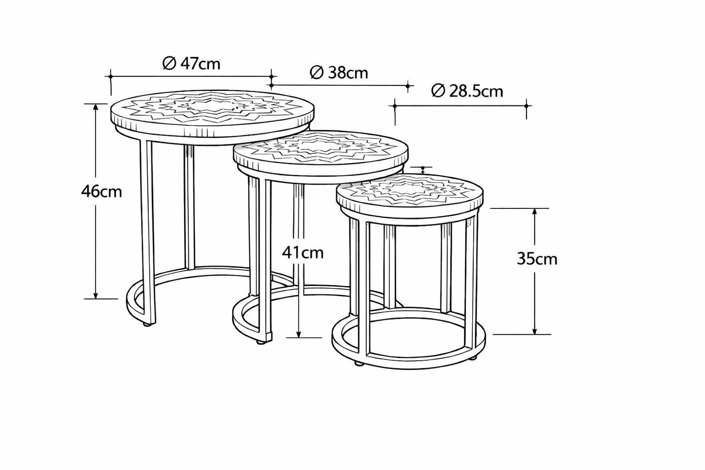 Acacia wood Round set 3 nesting Tables hand carved