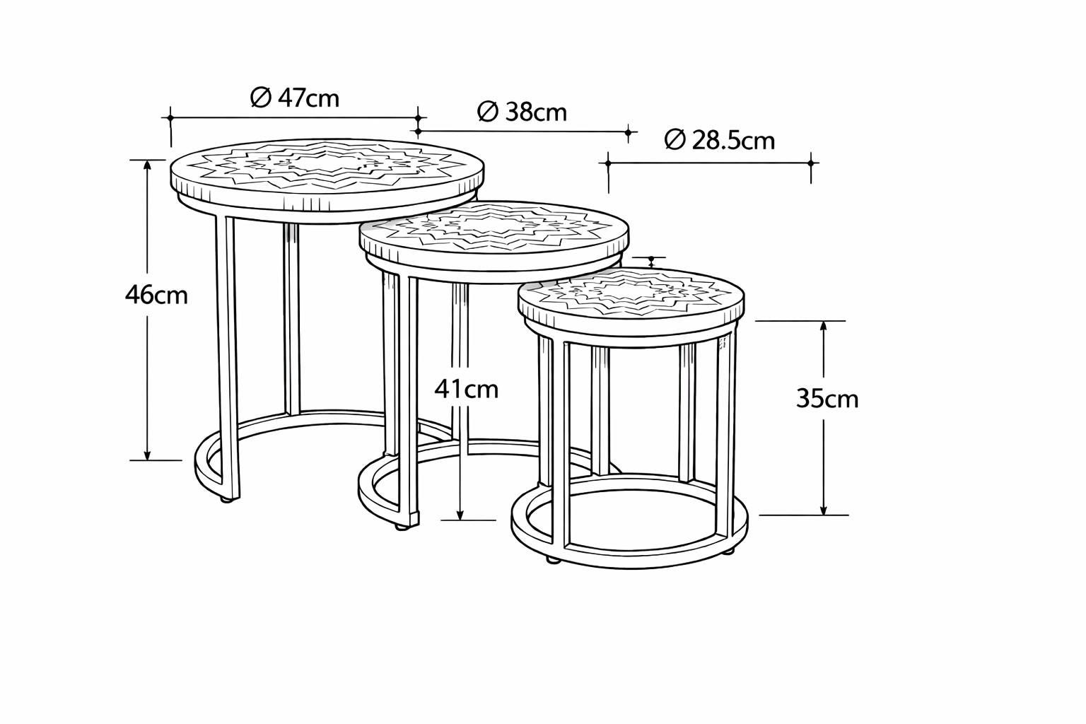 Acacia wood Round set 3 nesting Tables hand carved