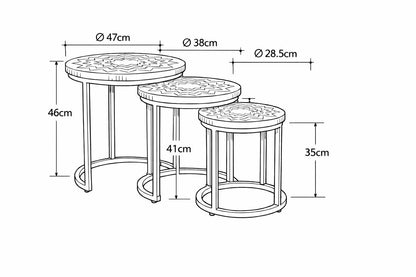 Acacia wood Round set 3 nesting Tables hand carved