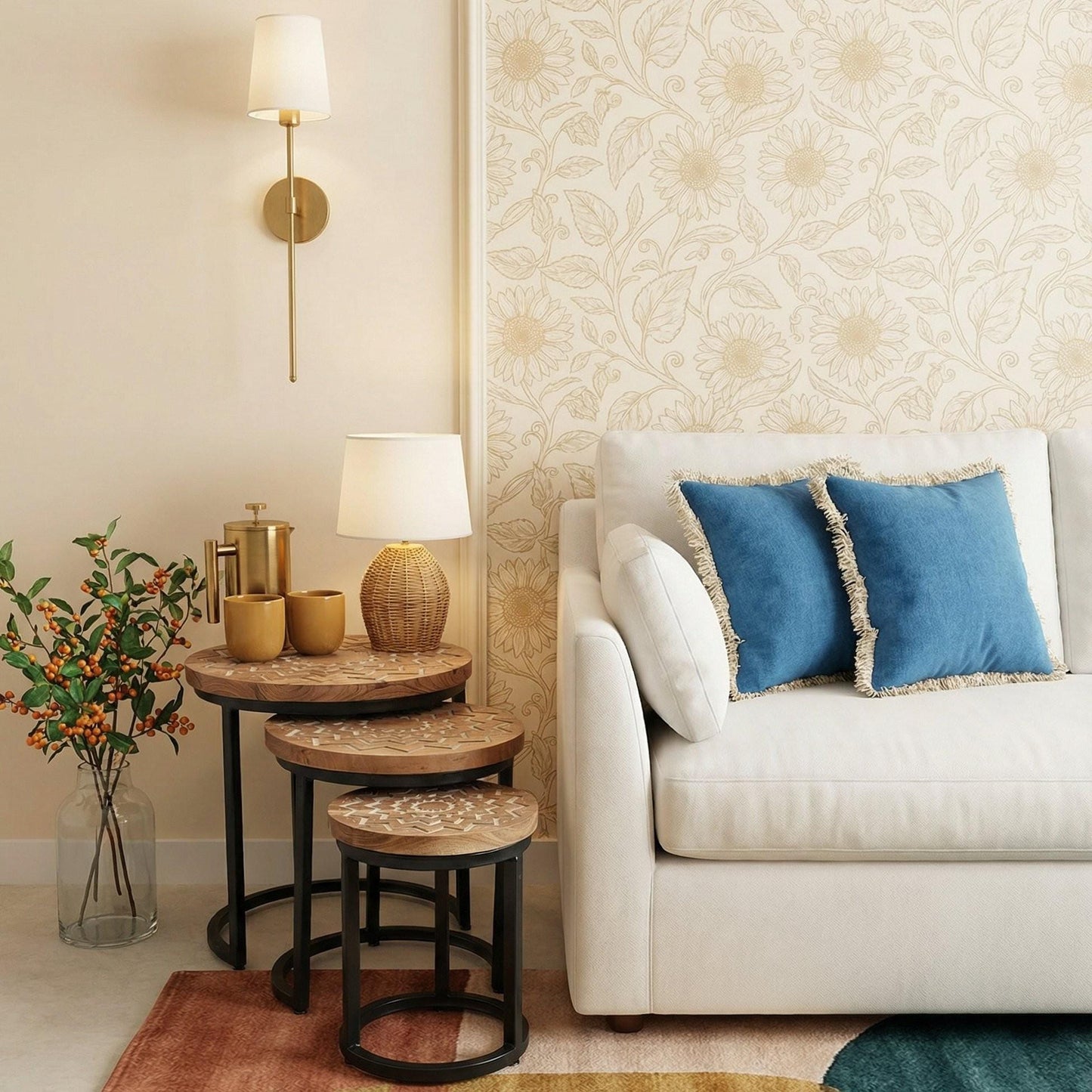 Acacia wood Round set 3 nesting Tables hand carved