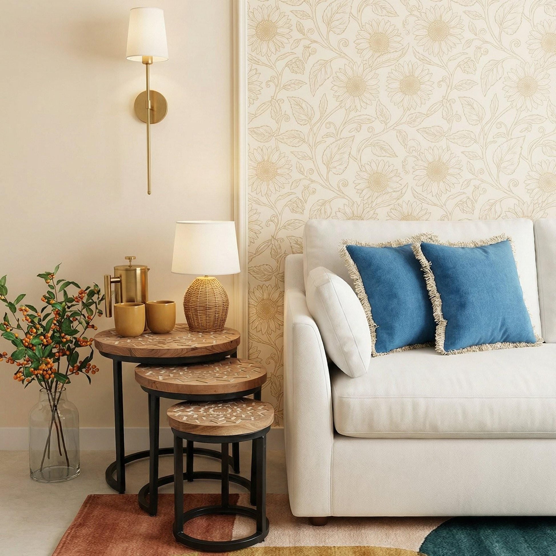 Acacia wood Round set 3 nesting Tables hand carved