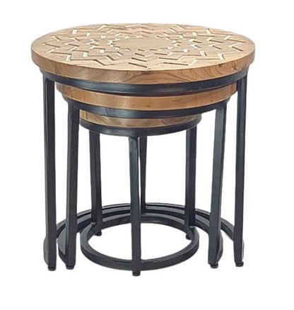 Acacia wood Round set 3 nesting Tables hand carved
