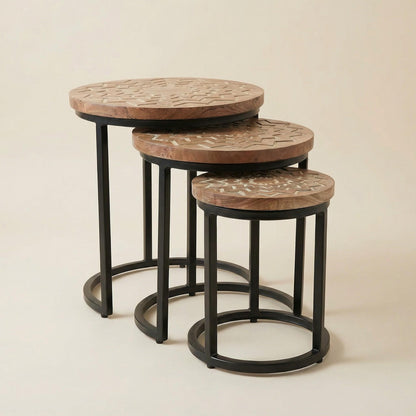 Acacia wood Round set 3 nesting Tables hand carved