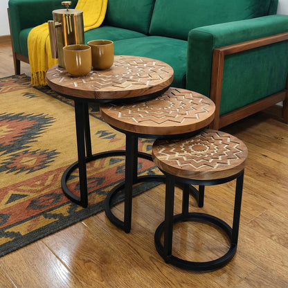 Acacia wood Round set 3 nesting Tables hand carved