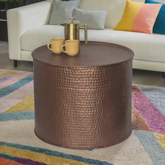Drum Round Coffee Table  With Storage Hammered Aluminium Bronze Finish